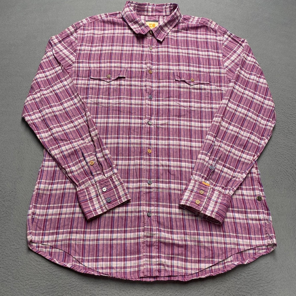 Boss Orange Shirt Mens 2XL Purple‎ Plaid Linen Cotton Button Up EddaleE